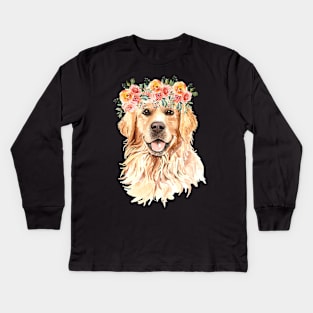 Floral Golden Retriever Dog Kids Long Sleeve T-Shirt